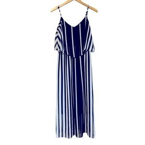 Magic‎ Womens Black White Striped Ruffle Chiffon Maxi Dress Size Large